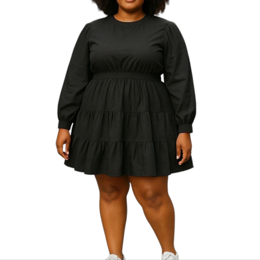 NWT Nine Eight Long Sleeve Tiered Mock Neck Dress In Black Size 3X